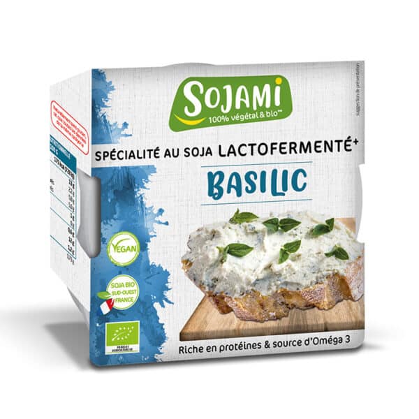 Sojami à Tartiner Basilic Bio, spécialité végétale fraîche au soja lactofermenté, riche en protéines et source d'oméga 3.
