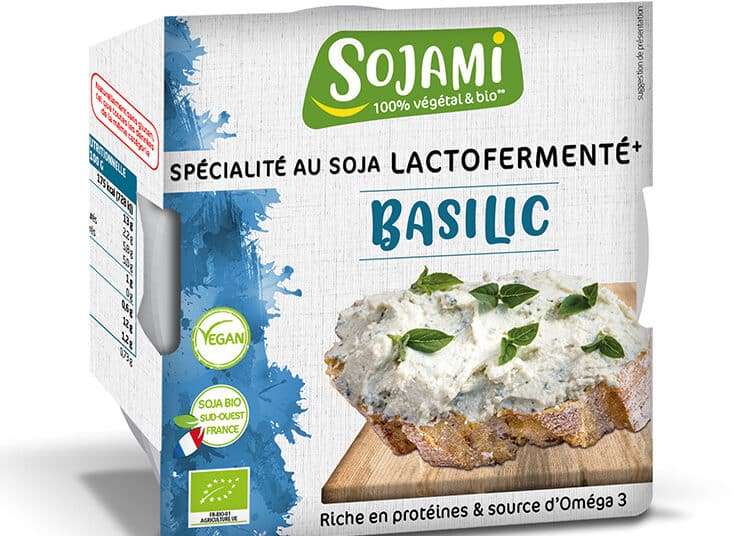 Sojami à Tartiner Basilic Bio, spécialité végétale fraîche au soja lactofermenté, riche en protéines et source d'oméga 3.
