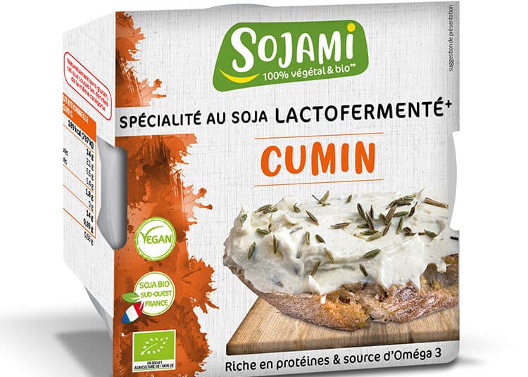 Sojami à Tartiner Cumin Bio, spécialité végétale fraîche au soja lactofermenté et au cumin, riche en protéines et source d'oméga 3.