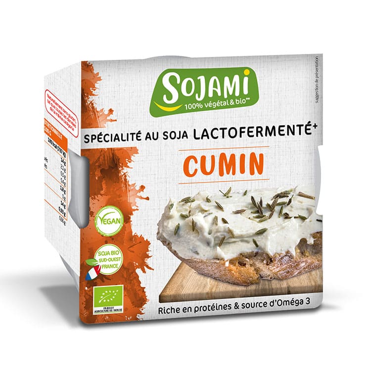 Sojami à Tartiner Cumin Bio, spécialité végétale fraîche au soja lactofermenté et au cumin, riche en protéines et source d'oméga 3.