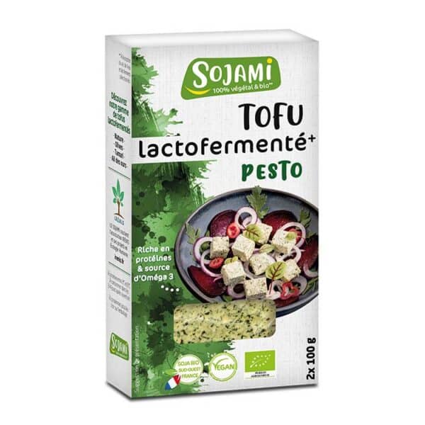 Tofu lactofermenté Bio Sojami au pesto, alternative végétale riche en protéines idéale pour les salades, pizzas, pâtes et tartes salées.