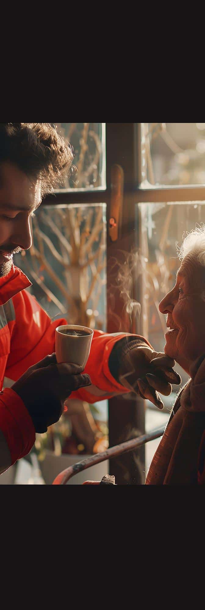 Un pompier offre une boisson chaude à une personne âgée après un incendie, symbole de solidarité et de soutien après une évacuation.