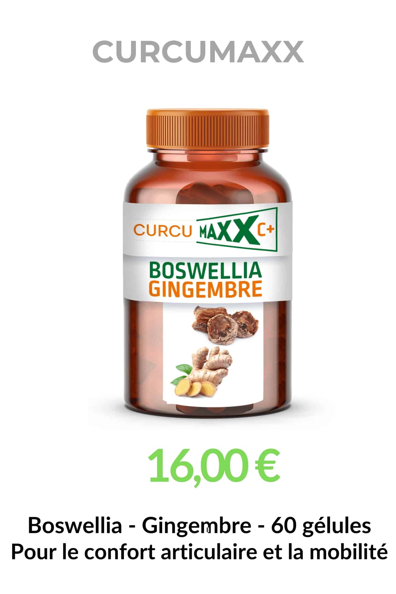Pilulier Boswellia Gingembre BIO Curcumaxx de 60 gélules, complément alimentaire associant 50 % de boswellia et 50 % de gingembre pour accompagner naturellement le confort articulaire et la mobilité au quotidien.