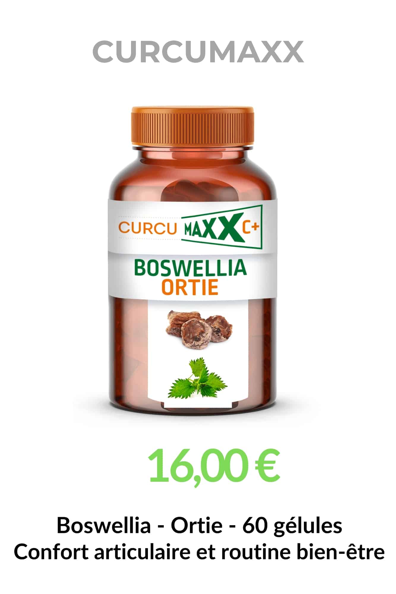 Pilulier Boswellia & Ortie BIO Curcumaxx de 60 gélules, complément alimentaire associant 50 % de boswellia et 50 % d'ortie pour accompagner naturellement le confort articulaire et une routine bien-être.