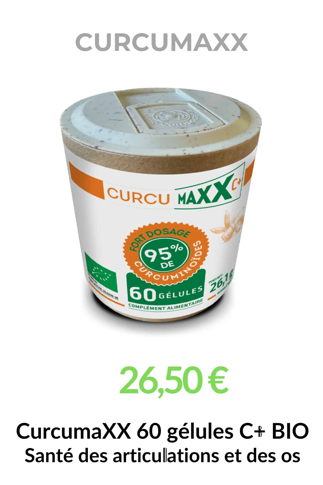 CurcumaXX C+ BIO 60 gélules, complément alimentaire bio à base de curcuma, ortie, gingembre et poivre noir pour accompagner la santé des articulations et des os.