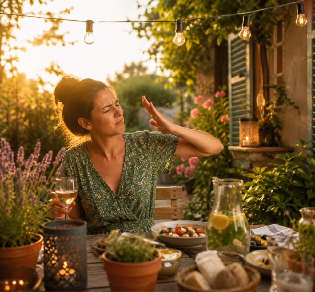 Femme chassant un moustique pendant un repas en terrasse un soir d’été