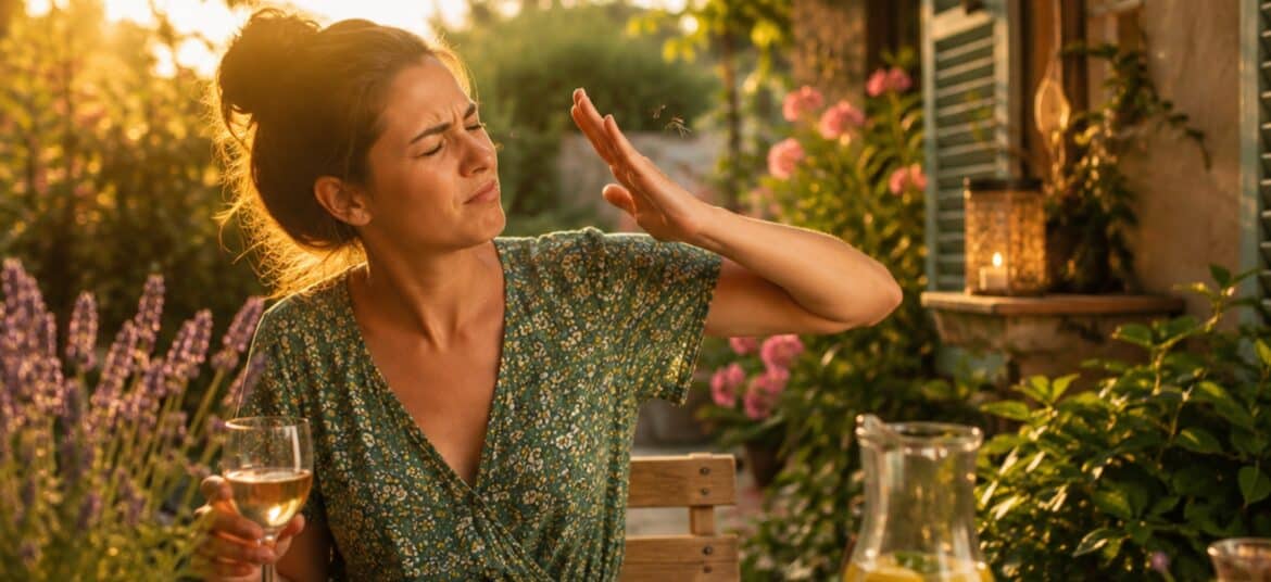 Femme chassant un moustique pendant un repas en terrasse un soir d’été