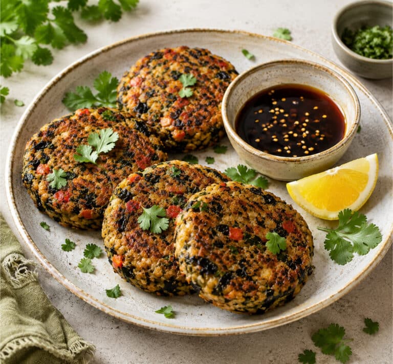 Galettes de tartare d’algues dorées accompagnées d’une sauce au tamari