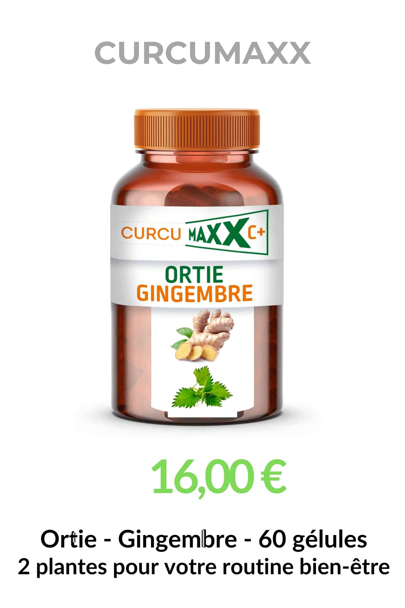 Pilulier Ortie & Gingembre BIO Curcumaxx de 60 gélules, complément alimentaire associant 50 % d'ortie et 50 % de gingembre pour accompagner naturellement votre routine bien-être.