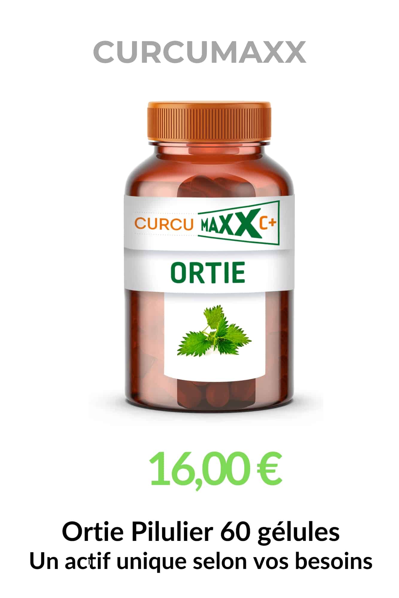 Pilulier Ortie BIO Curcumaxx de 60 gélules, complément alimentaire composé à 100 % d'ortie, idéal pour personnaliser sa routine bien-être naturelle.