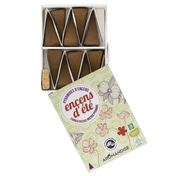 Pyramides d’encens d’été Aromandise à la citronnelle, vétiver et lavandin – boîte de 10 cônes