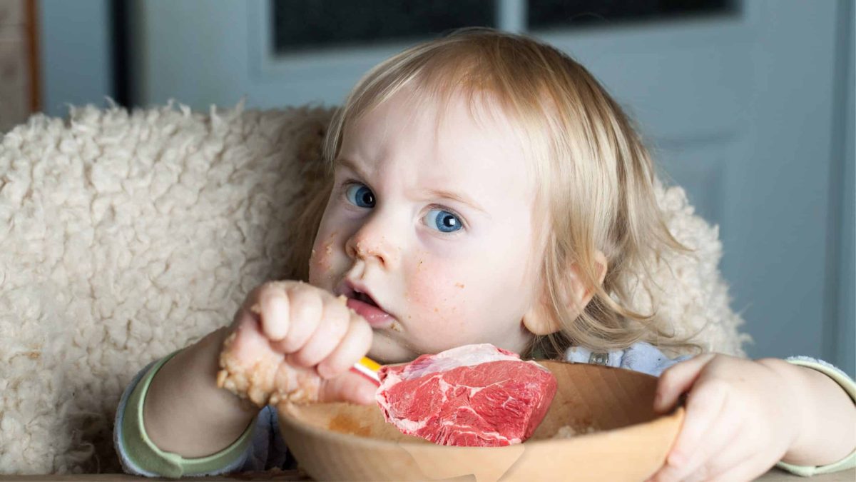 Bébé mangeant un morceau de viande crue, image illustrant la tendance controversée des “carnivore babies” aux États-Unis.
