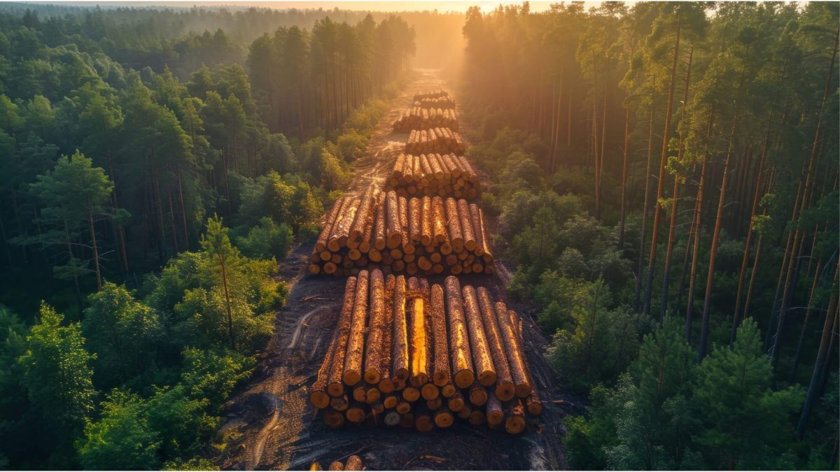 Empilement de troncs d’arbres dans une clairière forestière au coucher du soleil, image de la déforestation et du déclin des forêts.