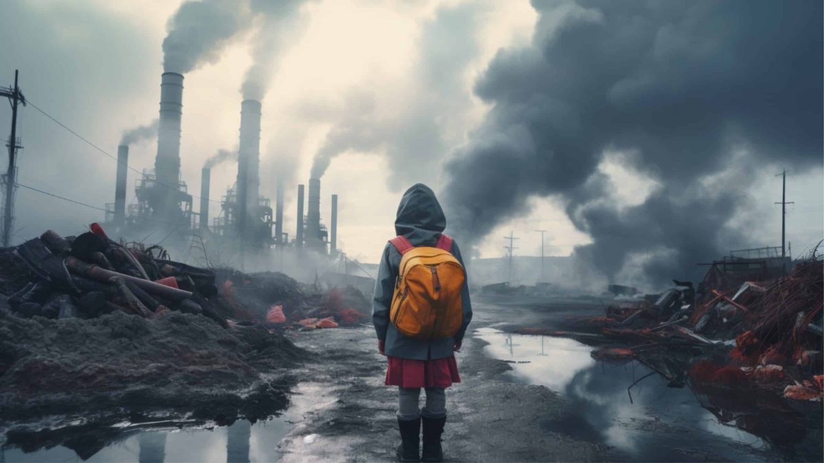 Enfant regardant des usines rejetant une épaisse fumée, illustration de la pollution des sites industriels et de leur impact sur la santé des habitants.