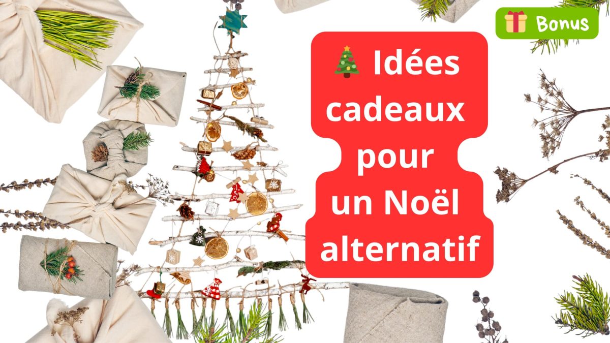Emballages cadeaux en tissu furoshiki, décorations naturelles et sapin DIY en branches, illustrant des idées cadeaux pour un Noël alternatif, zéro déchet et sans surconsommation.