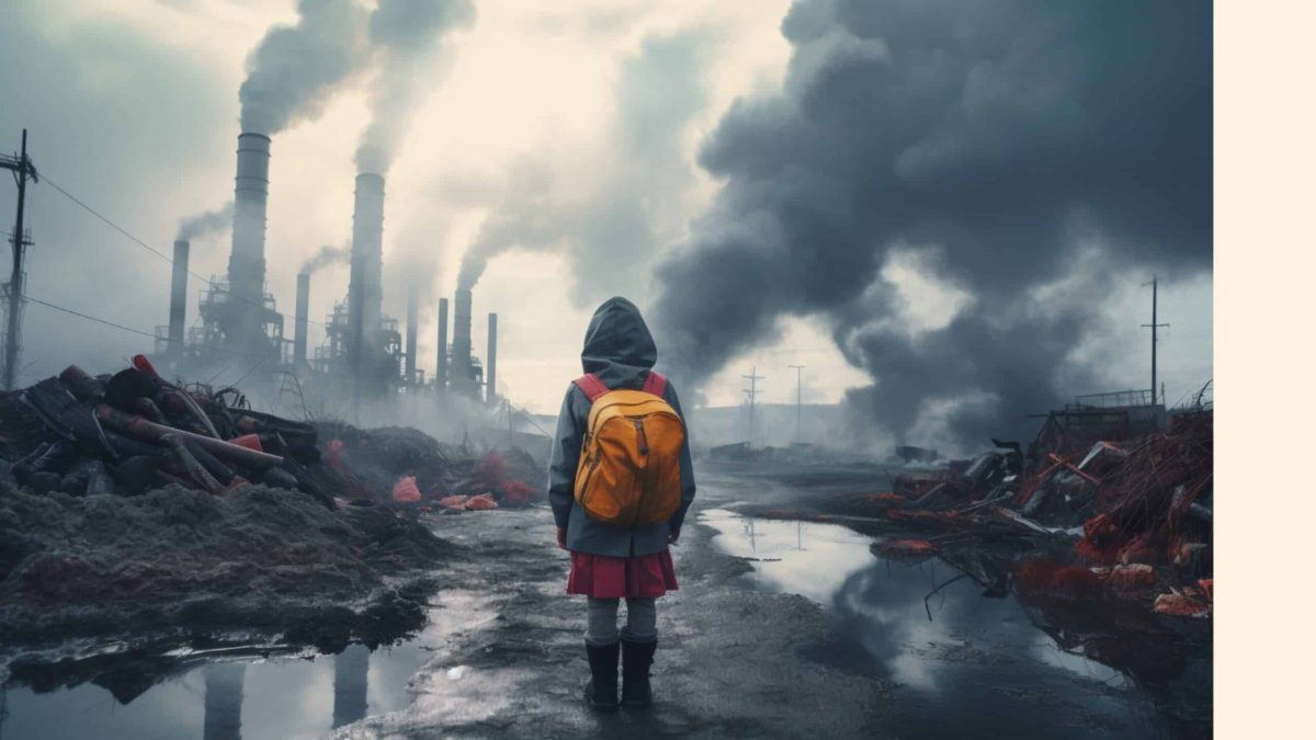 Enfant avec sac à dos face à des usines polluantes à La Rochelle, illustrant une intoxication liée à un chantier.
