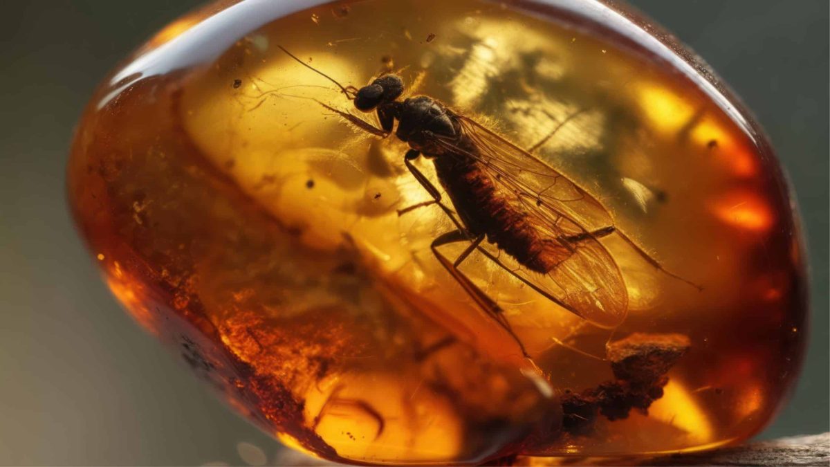 Insecte fossilisé dans un morceau d’ambre translucide, évoquant les mystérieuses relations entre insectes et champignons parasites.