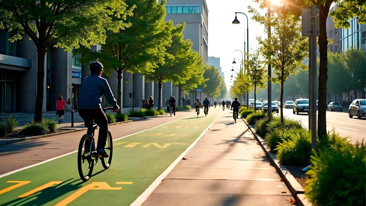 Piste cyclable urbaine bordée d’arbres et de cyclistes sous le soleil, image d’une ville durable en transition écologique.
