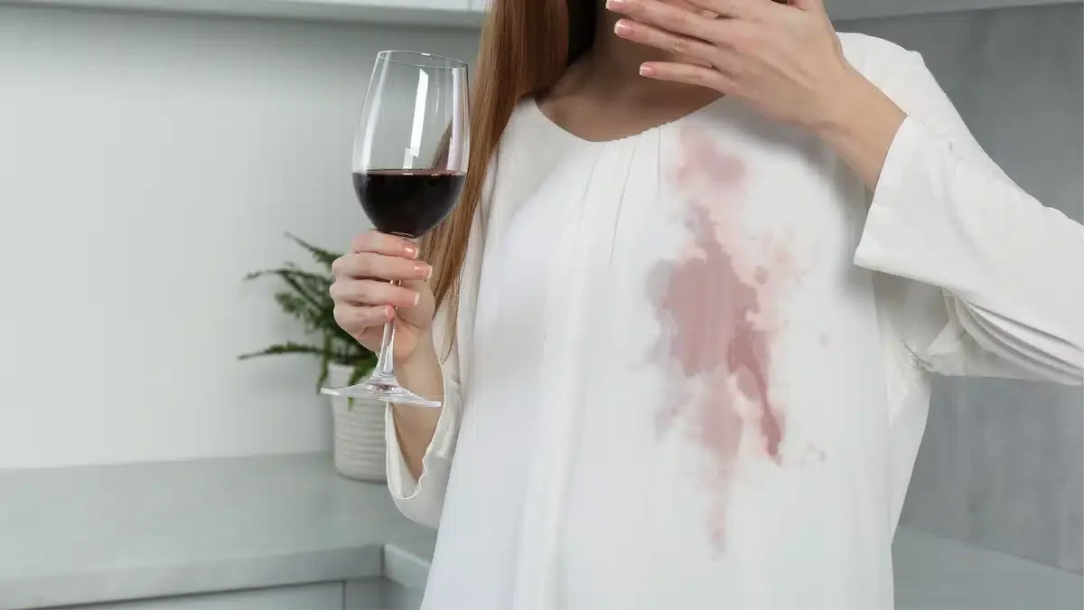 Tache de vin rouge sur tee-shirt blanc — premiers gestes avec eau gazeuse et sel